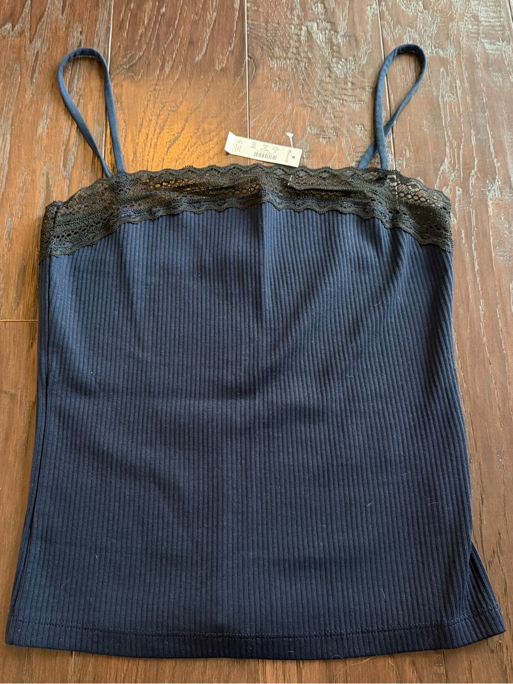 Madewell Lace-Trim Ribbed Cami Tank Top - Navy with black lace